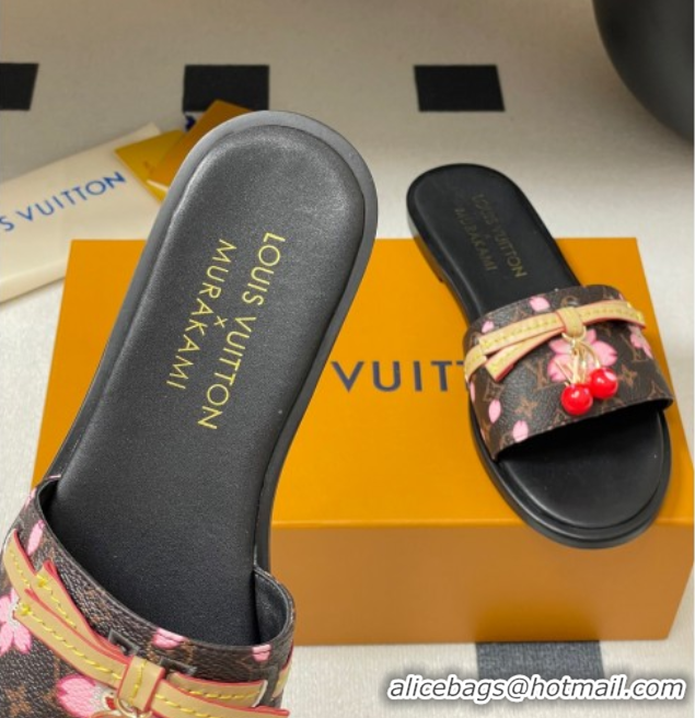 Big Discount Louis Vuitton LV x TM Lily Flat Slides Sandals with Bow and Cherry Charm in Monogram Canvas Brown 0714061
