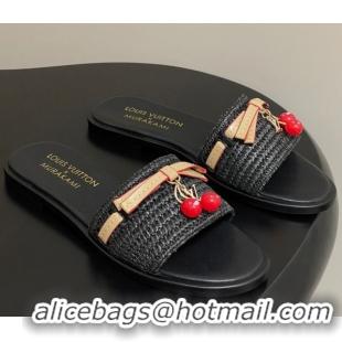 Charming Louis Vuitton LV x TM Lily Flat Slides Sandals with Bow and Cherry Charm in Raffia Straw Black 0714062