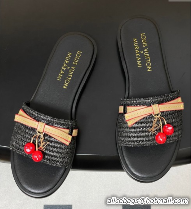 Charming Louis Vuitton LV x TM Lily Flat Slides Sandals with Bow and Cherry Charm in Raffia Straw Black 0714062
