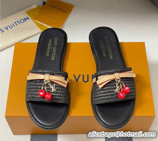 Charming Louis Vuitton LV x TM Lily Flat Slides Sandals with Bow and Cherry Charm in Raffia Straw Black 0714062