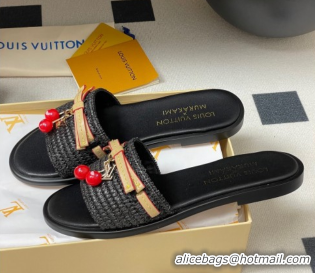 Charming Louis Vuitton LV x TM Lily Flat Slides Sandals with Bow and Cherry Charm in Raffia Straw Black 0714062