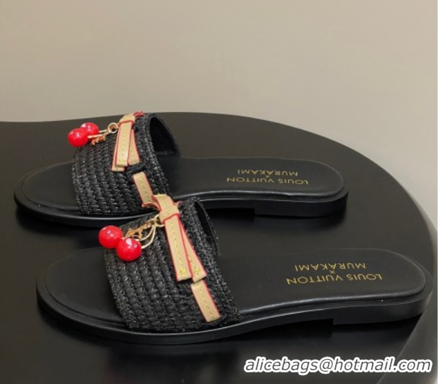 Charming Louis Vuitton LV x TM Lily Flat Slides Sandals with Bow and Cherry Charm in Raffia Straw Black 0714062