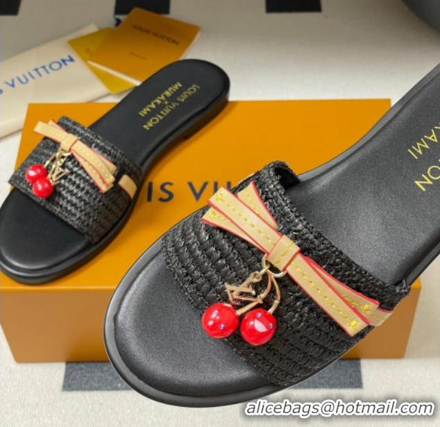 Charming Louis Vuitton LV x TM Lily Flat Slides Sandals with Bow and Cherry Charm in Raffia Straw Black 0714062