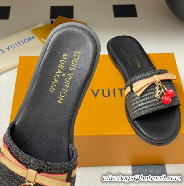 Charming Louis Vuitton LV x TM Lily Flat Slides Sandals with Bow and Cherry Charm in Raffia Straw Black 0714062