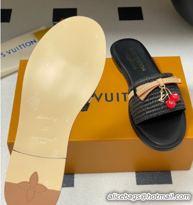 Charming Louis Vuitton LV x TM Lily Flat Slides Sandals with Bow and Cherry Charm in Raffia Straw Black 0714062