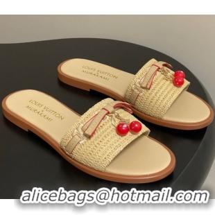 Durable Louis Vuitton LV x TM Lily Flat Slides Sandals with Bow and Cherry Charm in Raffia Straw Beige 0714063