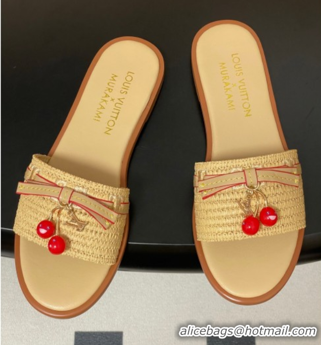 Durable Louis Vuitton LV x TM Lily Flat Slides Sandals with Bow and Cherry Charm in Raffia Straw Beige 0714063