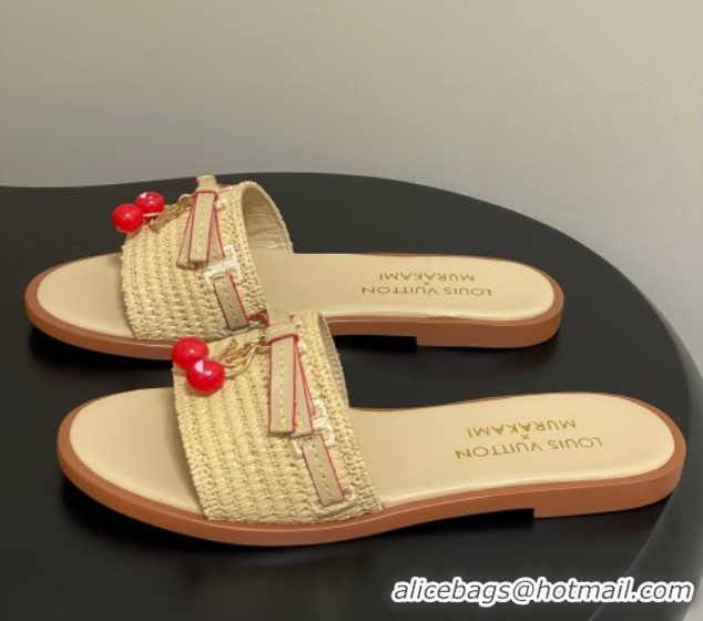 Durable Louis Vuitton LV x TM Lily Flat Slides Sandals with Bow and Cherry Charm in Raffia Straw Beige 0714063