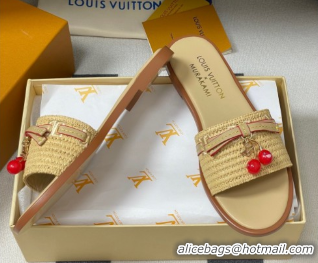 Durable Louis Vuitton LV x TM Lily Flat Slides Sandals with Bow and Cherry Charm in Raffia Straw Beige 0714063