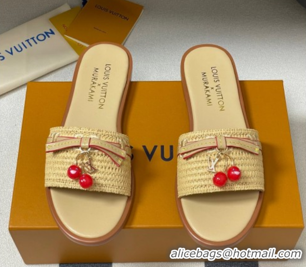 Durable Louis Vuitton LV x TM Lily Flat Slides Sandals with Bow and Cherry Charm in Raffia Straw Beige 0714063