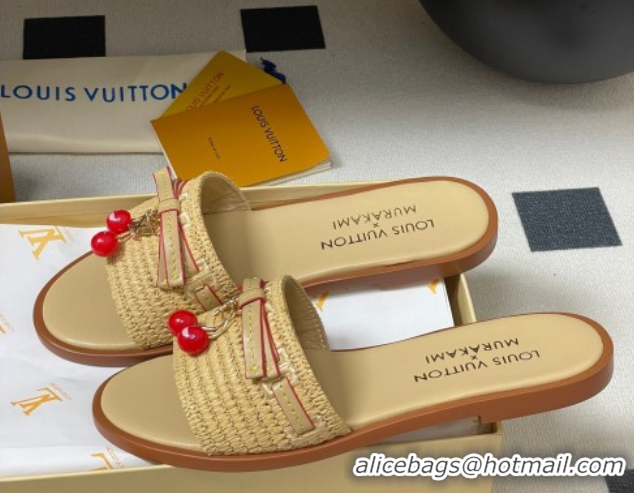 Durable Louis Vuitton LV x TM Lily Flat Slides Sandals with Bow and Cherry Charm in Raffia Straw Beige 0714063