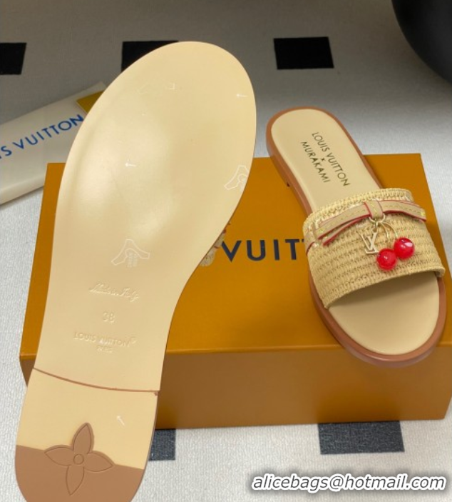Durable Louis Vuitton LV x TM Lily Flat Slides Sandals with Bow and Cherry Charm in Raffia Straw Beige 0714063