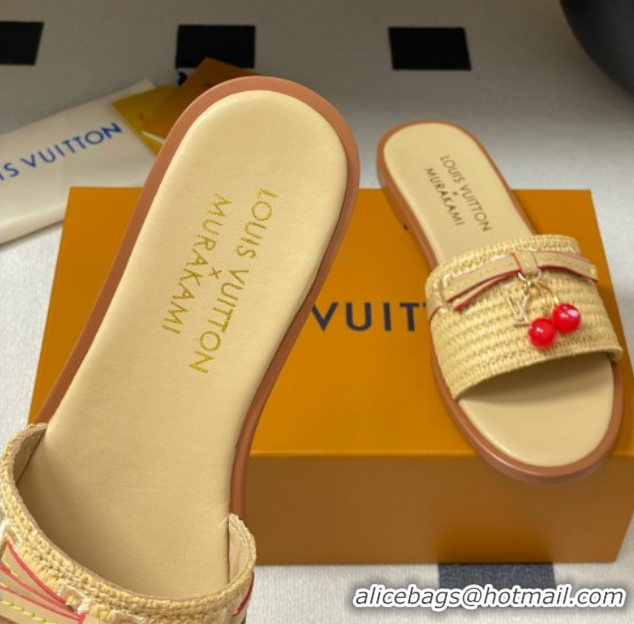 Durable Louis Vuitton LV x TM Lily Flat Slides Sandals with Bow and Cherry Charm in Raffia Straw Beige 0714063