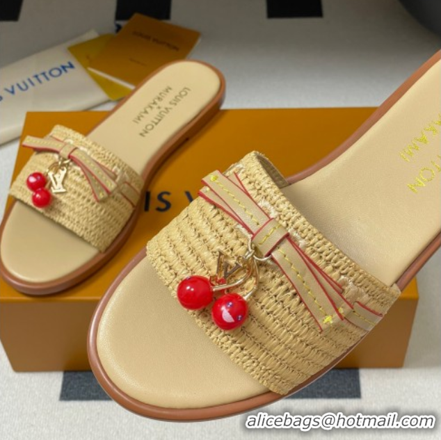 Durable Louis Vuitton LV x TM Lily Flat Slides Sandals with Bow and Cherry Charm in Raffia Straw Beige 0714063