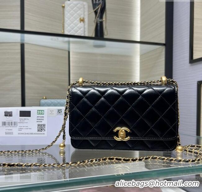 Good Looking Chanel Shiny Calfskin Wallet On Chain WOC AP2289 Black 2025