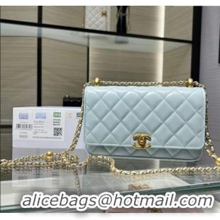 Good Taste Chanel Shiny Calfskin Wallet On Chain WOC AP2289 Light Blue 2025