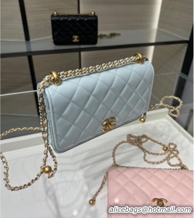 Good Taste Chanel Shiny Calfskin Wallet On Chain WOC AP2289 Light Blue 2025
