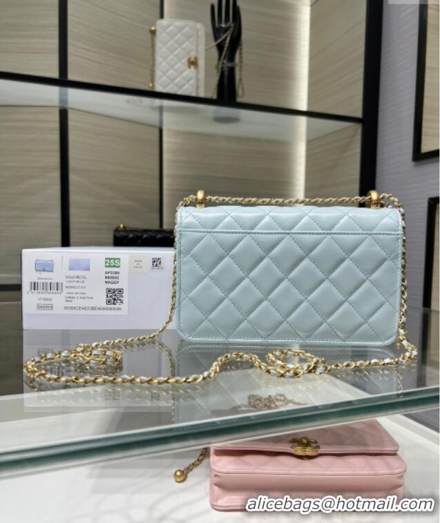 Good Taste Chanel Shiny Calfskin Wallet On Chain WOC AP2289 Light Blue 2025