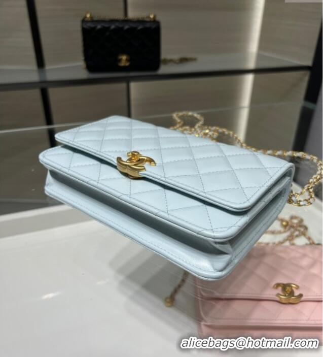 Good Taste Chanel Shiny Calfskin Wallet On Chain WOC AP2289 Light Blue 2025