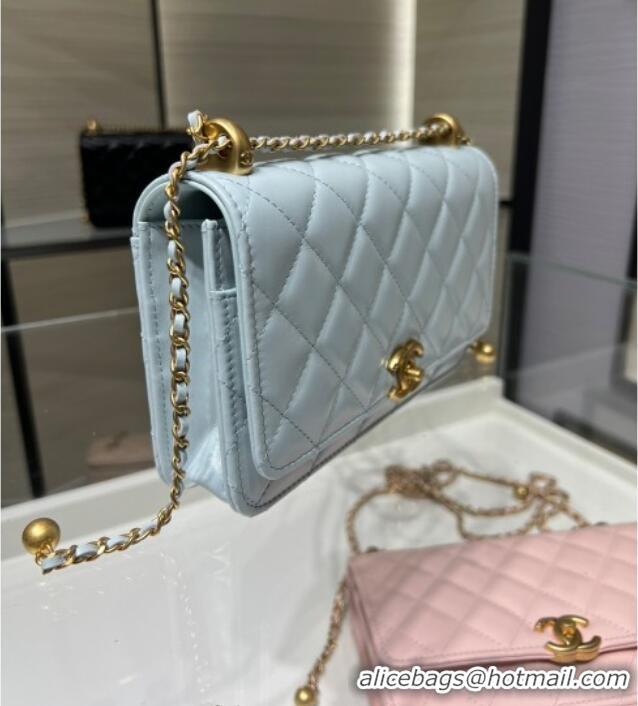 Good Taste Chanel Shiny Calfskin Wallet On Chain WOC AP2289 Light Blue 2025