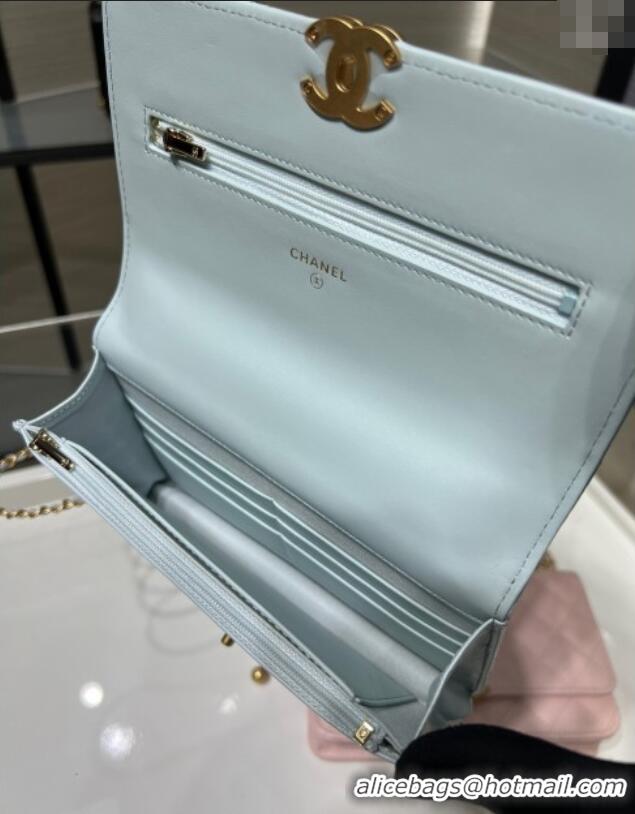Good Taste Chanel Shiny Calfskin Wallet On Chain WOC AP2289 Light Blue 2025