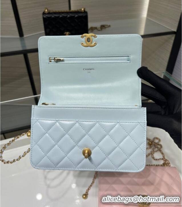Good Taste Chanel Shiny Calfskin Wallet On Chain WOC AP2289 Light Blue 2025