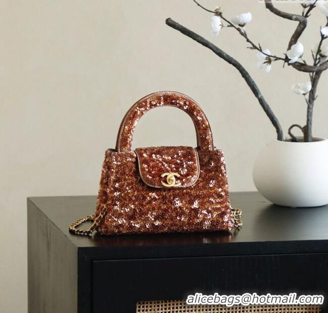 Good Quality Chanel Sequins Mini Kelly Shopping Bag AS4416 Brown 2025
