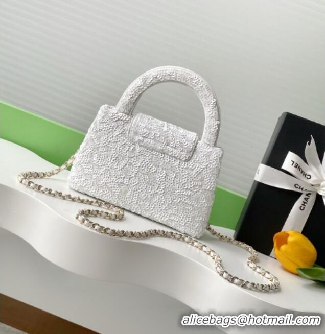 Luxury Cheap Chanel Sequins Mini Kelly Shopping Bag AS4416 White 2025