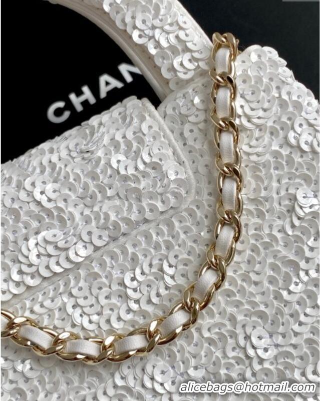 Luxury Cheap Chanel Sequins Mini Kelly Shopping Bag AS4416 White 2025