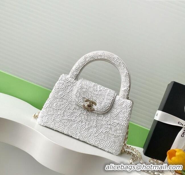 Luxury Cheap Chanel Sequins Mini Kelly Shopping Bag AS4416 White 2025