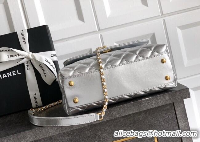 Well Crafted Chanel Coco Handle Calfskin Small Flap Bag with Woven Top with Strass AS2009 Silver 2025