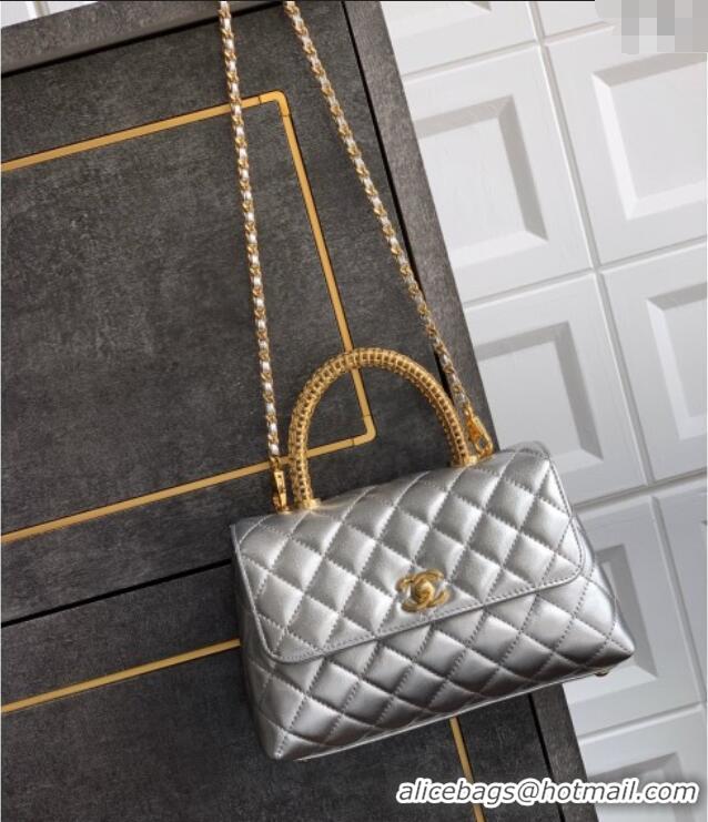Well Crafted Chanel Coco Handle Calfskin Small Flap Bag with Woven Top with Strass AS2009 Silver 2025