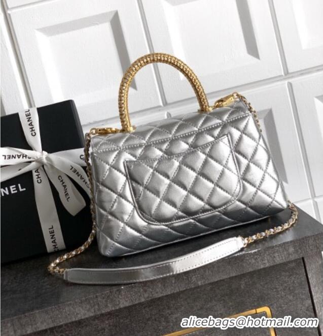 Well Crafted Chanel Coco Handle Calfskin Small Flap Bag with Woven Top with Strass AS2009 Silver 2025