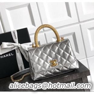 Grade Quality Chanel Coco Handle Calfskin Mini Flap Bag with Woven Top with Strass AS2215 Silver 2025