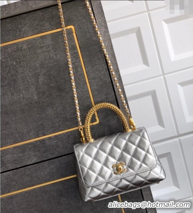 Grade Quality Chanel Coco Handle Calfskin Mini Flap Bag with Woven Top with Strass AS2215 Silver 2025