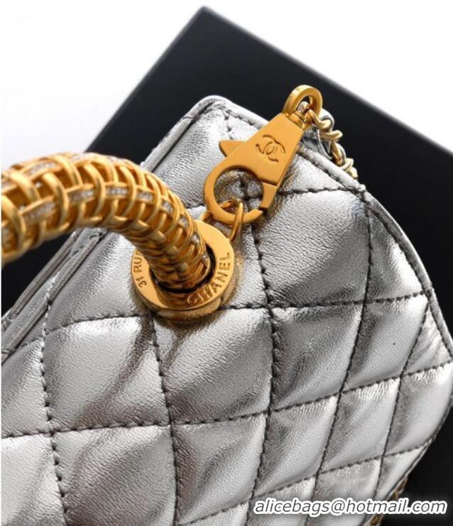 Grade Quality Chanel Coco Handle Calfskin Mini Flap Bag with Woven Top with Strass AS2215 Silver 2025