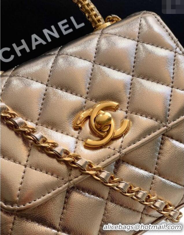 Discount Chanel Coco Handle Calfskin Micro Flap Bag with Woven Top with Strass AS2010 Gold 2025
