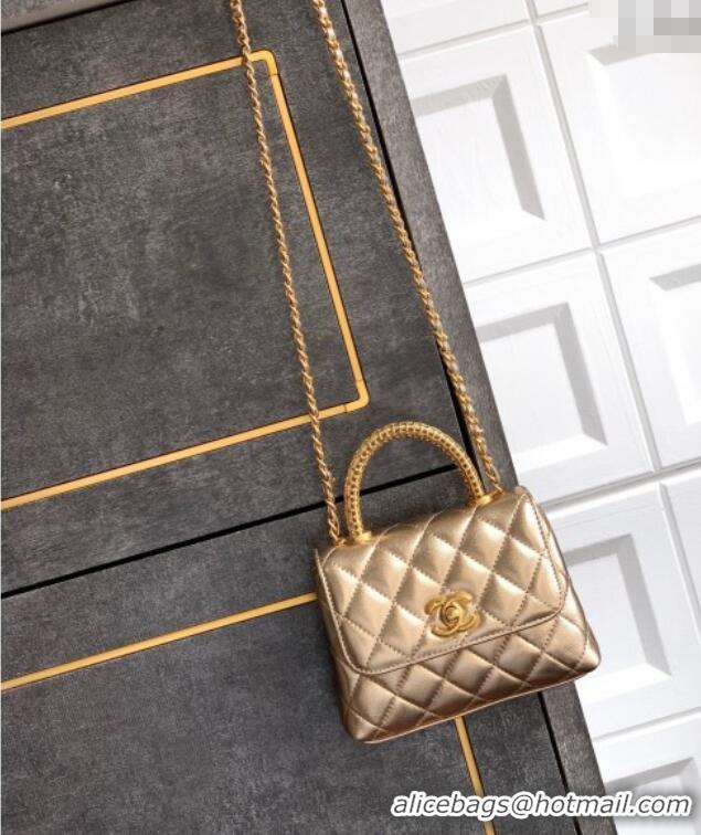 Discount Chanel Coco Handle Calfskin Micro Flap Bag with Woven Top with Strass AS2010 Gold 2025