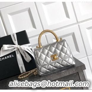 Super Quality Chanel Coco Handle Calfskin Micro Flap Bag with Woven Top with Strass AS2010 Silver 2025