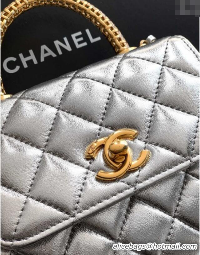Super Quality Chanel Coco Handle Calfskin Micro Flap Bag with Woven Top with Strass AS2010 Silver 2025