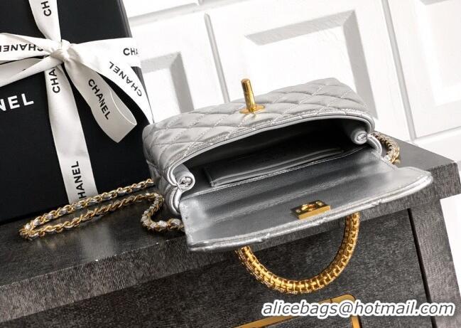 Super Quality Chanel Coco Handle Calfskin Micro Flap Bag with Woven Top with Strass AS2010 Silver 2025