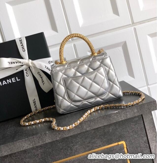 Super Quality Chanel Coco Handle Calfskin Micro Flap Bag with Woven Top with Strass AS2010 Silver 2025