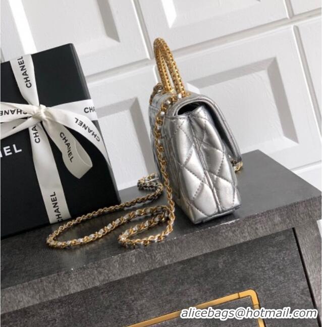 Super Quality Chanel Coco Handle Calfskin Micro Flap Bag with Woven Top with Strass AS2010 Silver 2025