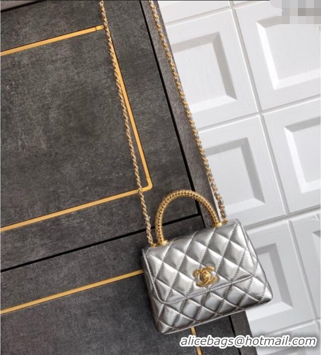 Super Quality Chanel Coco Handle Calfskin Micro Flap Bag with Woven Top with Strass AS2010 Silver 2025