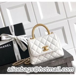 Good Taste Chanel Coco Handle Calfskin Micro Flap Bag with Woven Top with Strass AS2010 White 2025