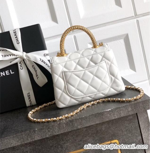 Good Taste Chanel Coco Handle Calfskin Micro Flap Bag with Woven Top with Strass AS2010 White 2025