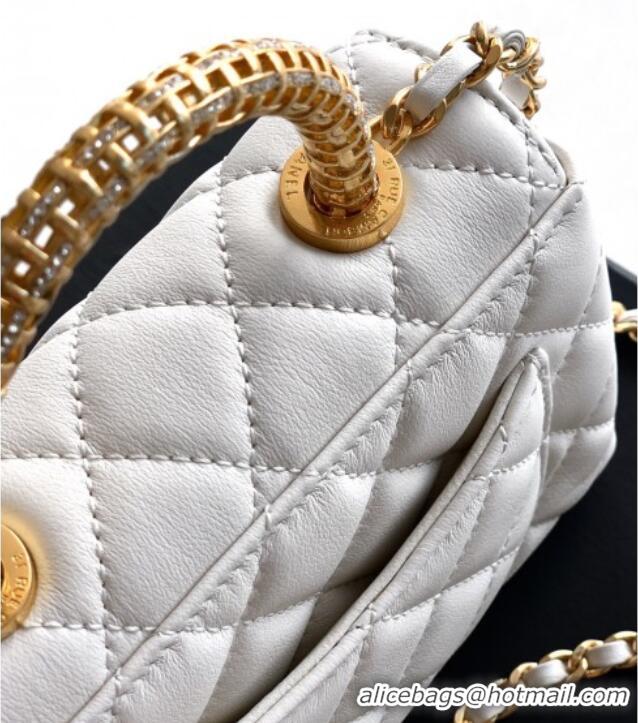 Good Taste Chanel Coco Handle Calfskin Micro Flap Bag with Woven Top with Strass AS2010 White 2025