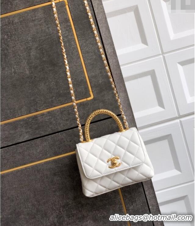 Good Taste Chanel Coco Handle Calfskin Micro Flap Bag with Woven Top with Strass AS2010 White 2025