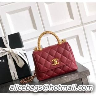 Top Design Chanel Coco Handle Calfskin Micro Flap Bag with Woven Top with Strass AS2010 Burgundy 2025