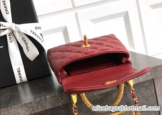 Top Design Chanel Coco Handle Calfskin Micro Flap Bag with Woven Top with Strass AS2010 Burgundy 2025